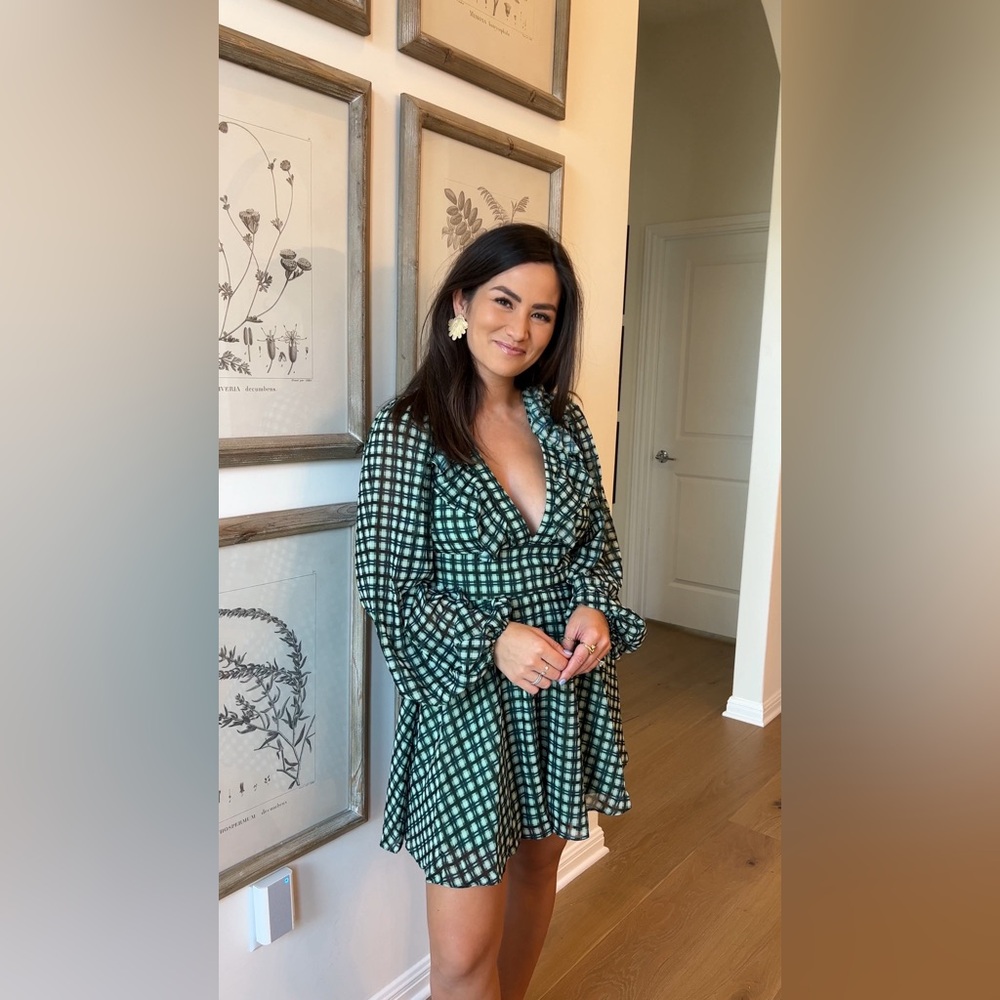 Hutch Long-Sleeve Deep-V Romper Emerald Green Plaid
